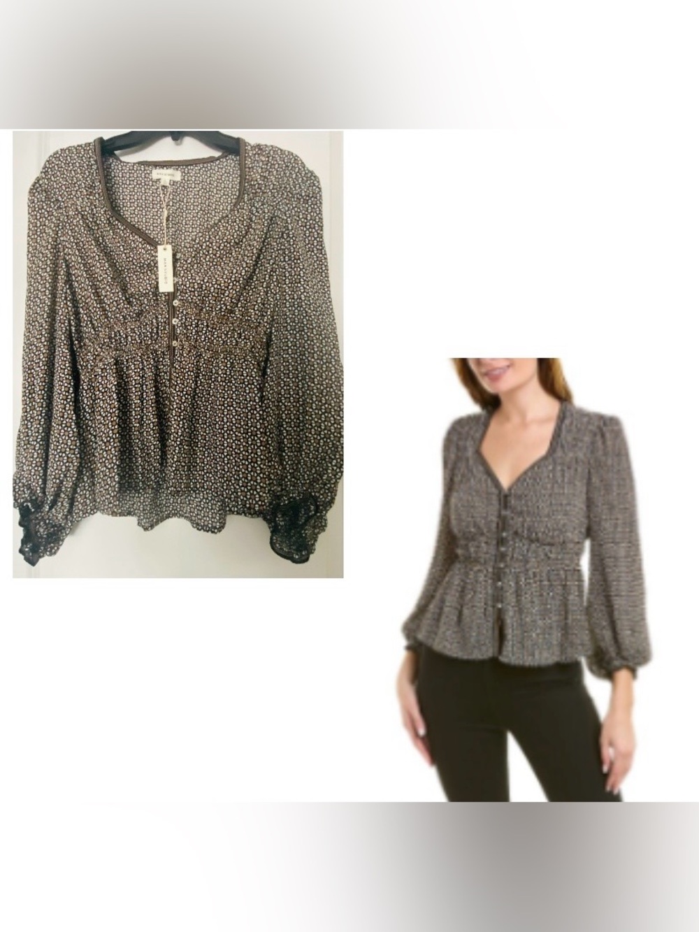 Max Studio Black White Tan Printed Peplum Sweetheart Long Sleeve Blouse